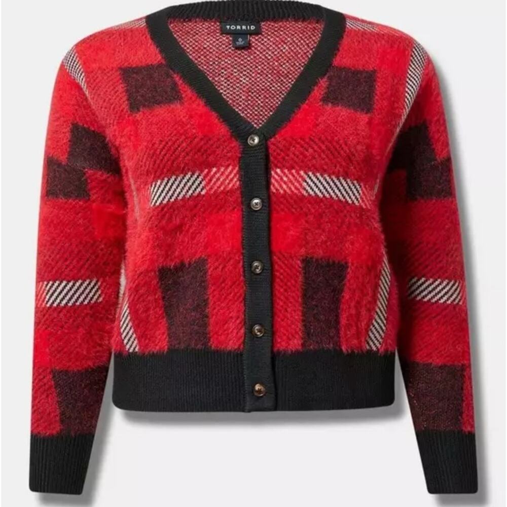 Torrid Red and Black Plaid Cardigan